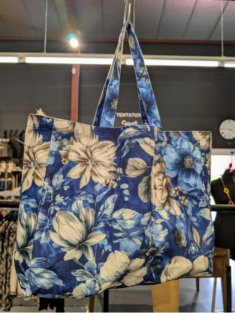 Sac cabas bleu imprimé floral