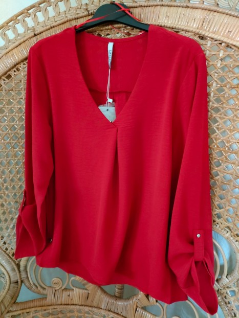 Blouse rouge col V manches retroussables 10059312 534 - TIFFOSI