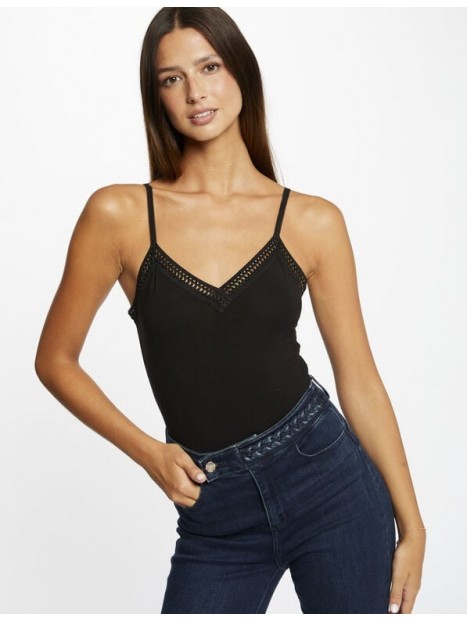 Débardeur noir à bretelles fines et dentelle 192-BARBA.N 100 - MORGAN