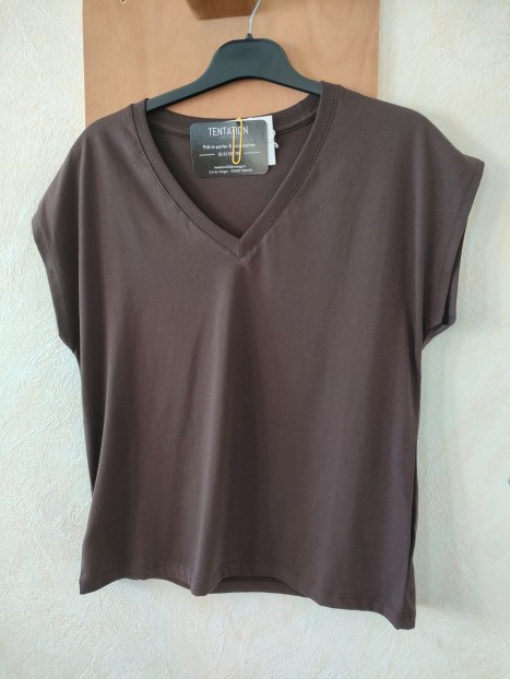 T-shirt femme marron col V 10064855 290 - TIFFOSI