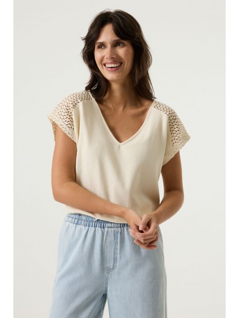 T-shirt écru ajouré femme col V P260203 4294 - GARCIA