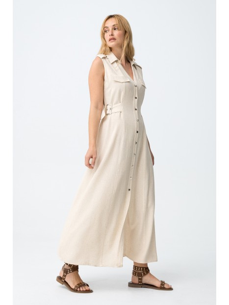 Robe chemise longue beige sans manches 10065062 152 - TIFFOSI