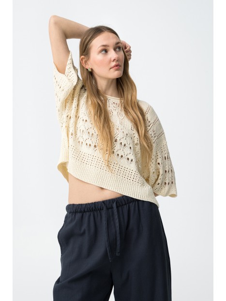 Pull maille manches courtes beige ajouré femme 10065482 104 - TIFFOSI