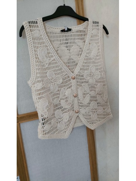 Débardeur boutonné écru à dentelles 261-MNEO 978 - MORGAN