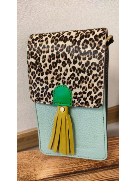 Pochette téléphone en cuir bleu et léopard GIA - SORUKA