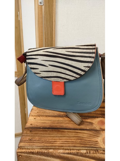 Sac en cuir bleu, orange et zèbre ALICE - SORUKA