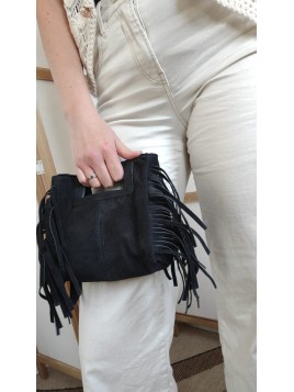 Sac à franges en cuir noir