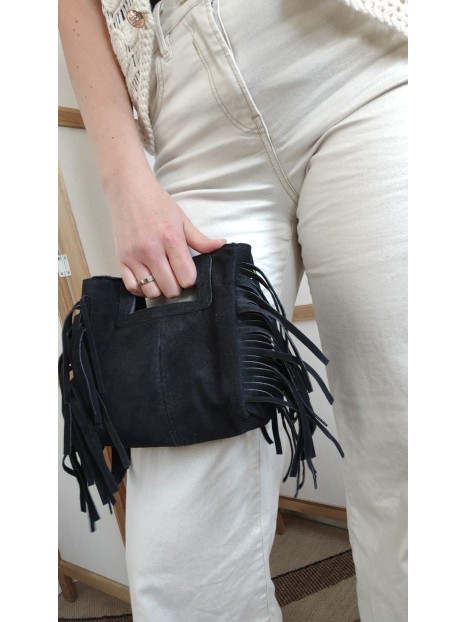 Sac à franges en cuir noir