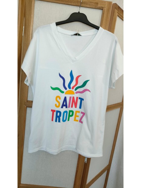 T-shirt femme blanc col V Saint Tropez