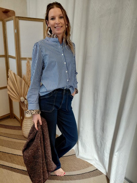 Chemise bleue à rayures détails léopard femme 4840