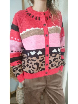Cardigan rouge et léopard LIVONIE 900008758 - ICHI