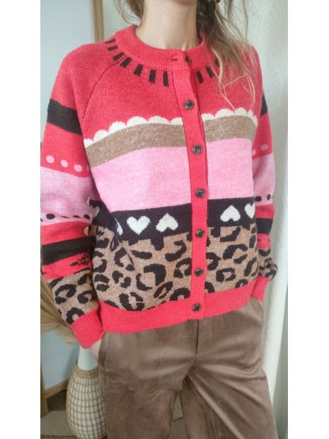 Cardigan rouge et léopard LIVONIE 900008758 - ICHI