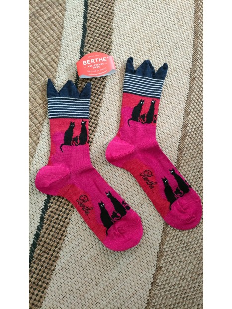 Chaussettes fuchsia chats femme BAG26F 3 - BERTHE AUX GRANDS PIEDS