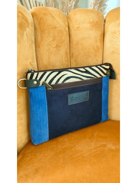 Sac en cuir et velours bleu détail léopard IONA - SORUKA