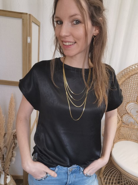 T-shirt femme noir col rond détail crochet N40203 60 - GARCIA