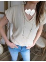 T-shirt femme beige col V détails crochet N40206 4294 - GARCIA