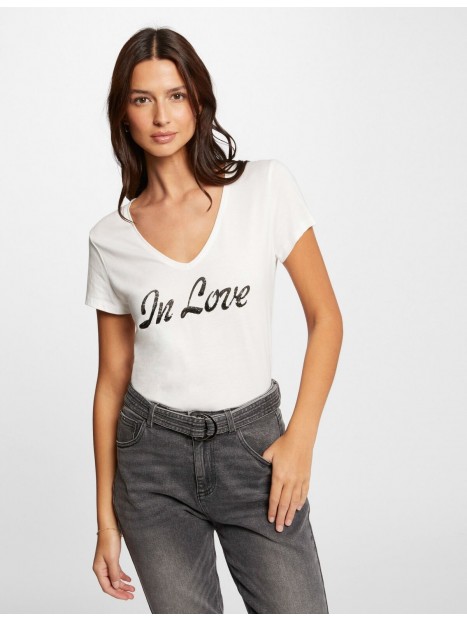 T-shirt femme écru inscription et sequins In love 241-DLAGON 201 - MORGAN