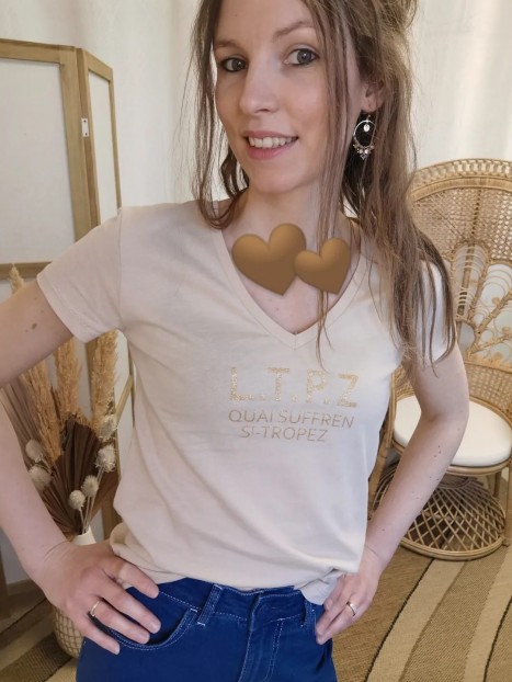 T-shirt femme sable col V CRYOSOL SABLE - LES TROPEZIENNES