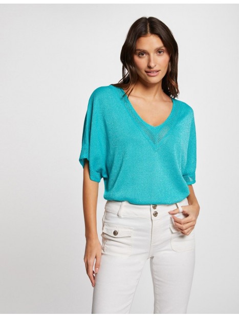 Pull femme turquoise col V manches courtes 241-MCHRIS 303 - MORGAN