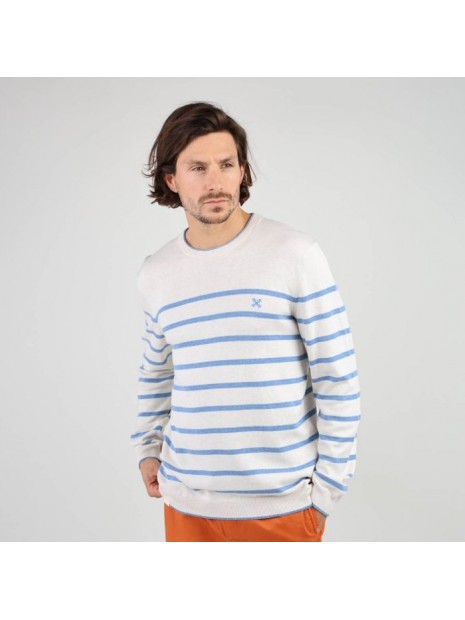 Pull blanc à rayures bleues homme PEROM OXV930601 XSCHN - OXBOW